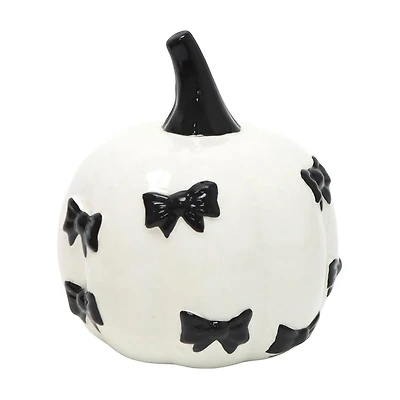 White Ceramic Pumpkin with Black Bow Accents
