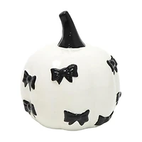 White Ceramic Pumpkin with Black Bow Accents