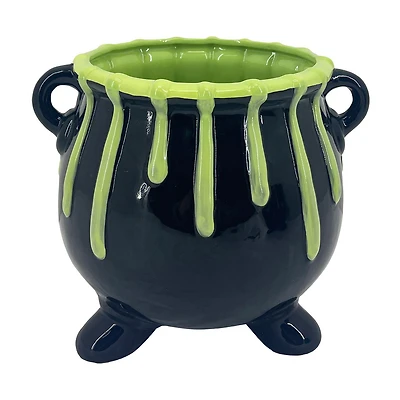 Halloween Black Ceramic Cauldron with Green Slime, 8x7 in