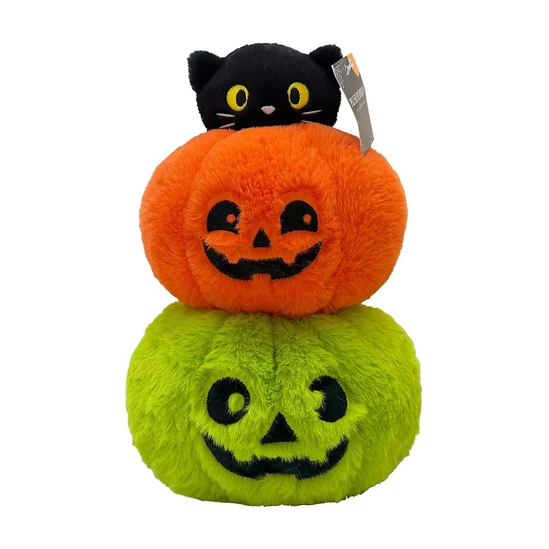 Halloween Plush Pumpkin Stack with Kitten, 10 Inch