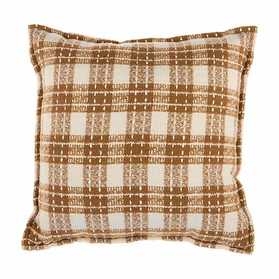 Harvest Brown & Cream Plaid  Throw Pillow 18 in x 18 in