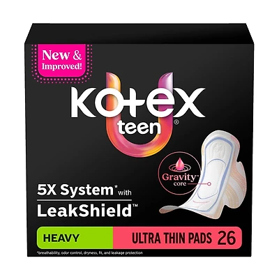 Kotex Teen Ultra Thin Pads with Wings, Heavy Absorbency, 26 ct