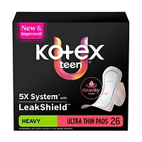 Kotex Teen Ultra Thin Pads with Wings, Heavy Absorbency, 26 ct