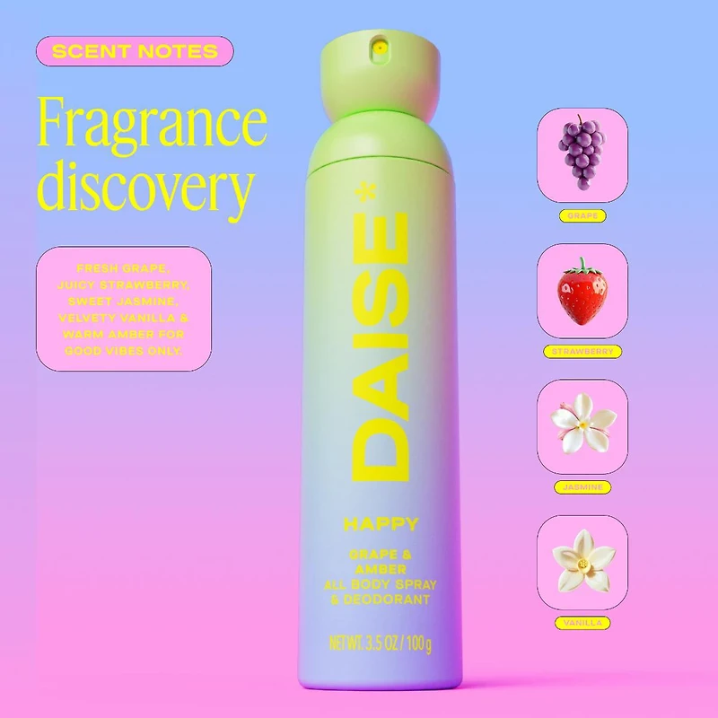 DAISE Happy DAISE All Body Spray & Deodorant in Grape & Amber for 24h Freshness,