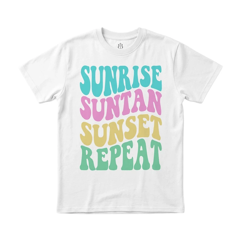Summer "Sunrise, Suntan, Sunset, Repeat" Retro Style T-Shirt