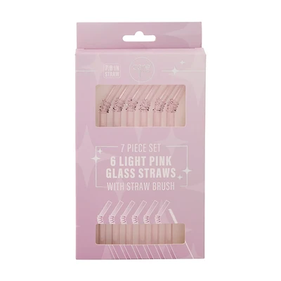 Core Light Pink Glass Straws & Straw Brush, 7.8 in, 7 piece set