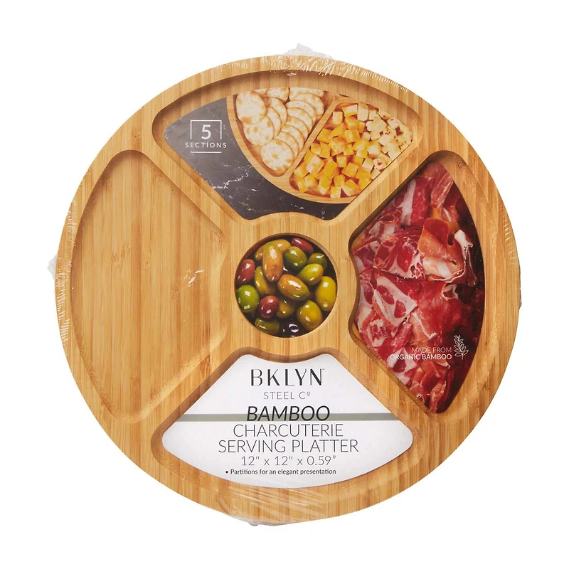 BKLYN Steel Co 5 Section Round Bamboo Charcuterie Serving Platter, 12 in x 12 in