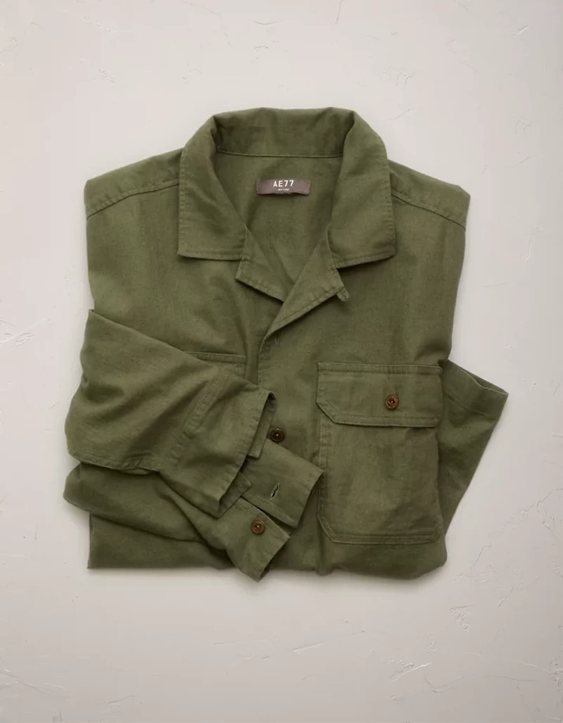 AE77 Linen-Blend Camp Collar Surplus Shirt