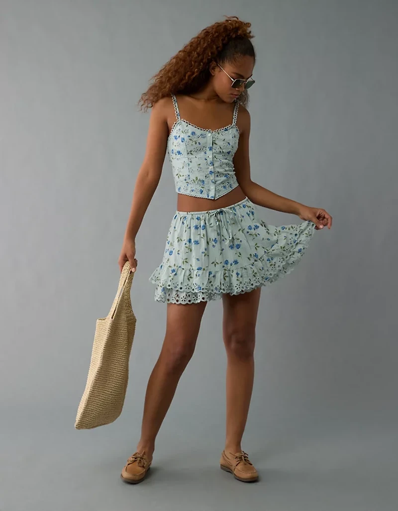 AE High-Waisted Embroidered Ruffle Mini Skirt