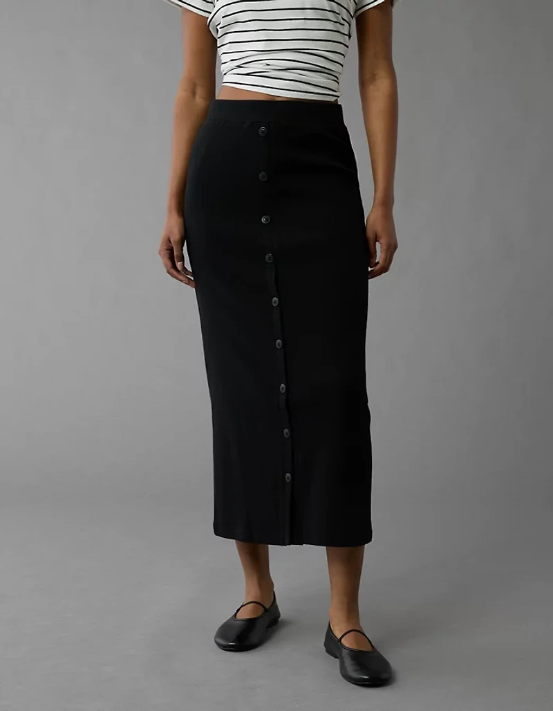 AE High-Waisted Button-Up Knit Midi Skirt