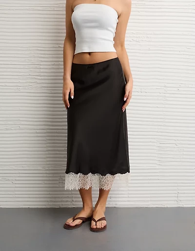AE Satin Lace Hem Slip Midi Skirt