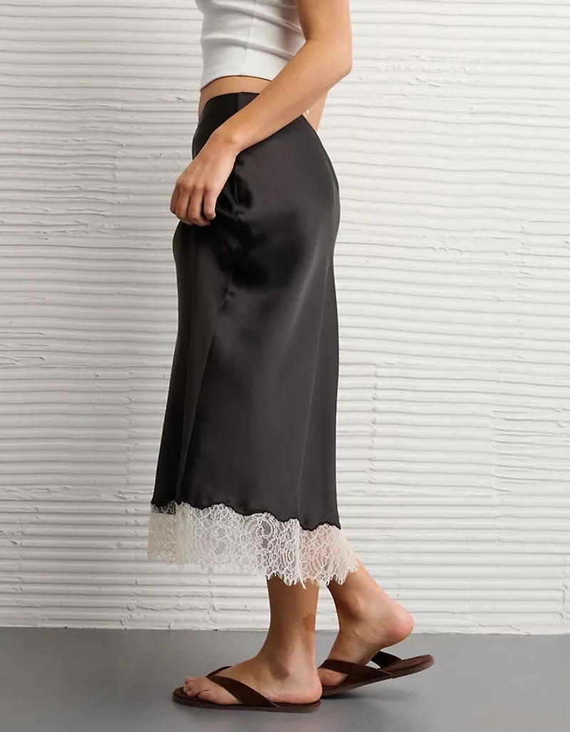 AE Satin Lace Hem Slip Midi Skirt