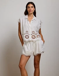 Short à enfiler en mélange de lin brodé AE77