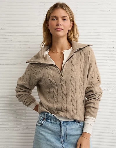 Chandail à glissière un quart maille torsadée AE