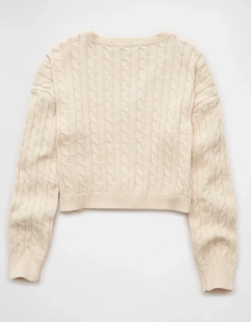 AE Cropped Cable Knit V-Neck Sweater