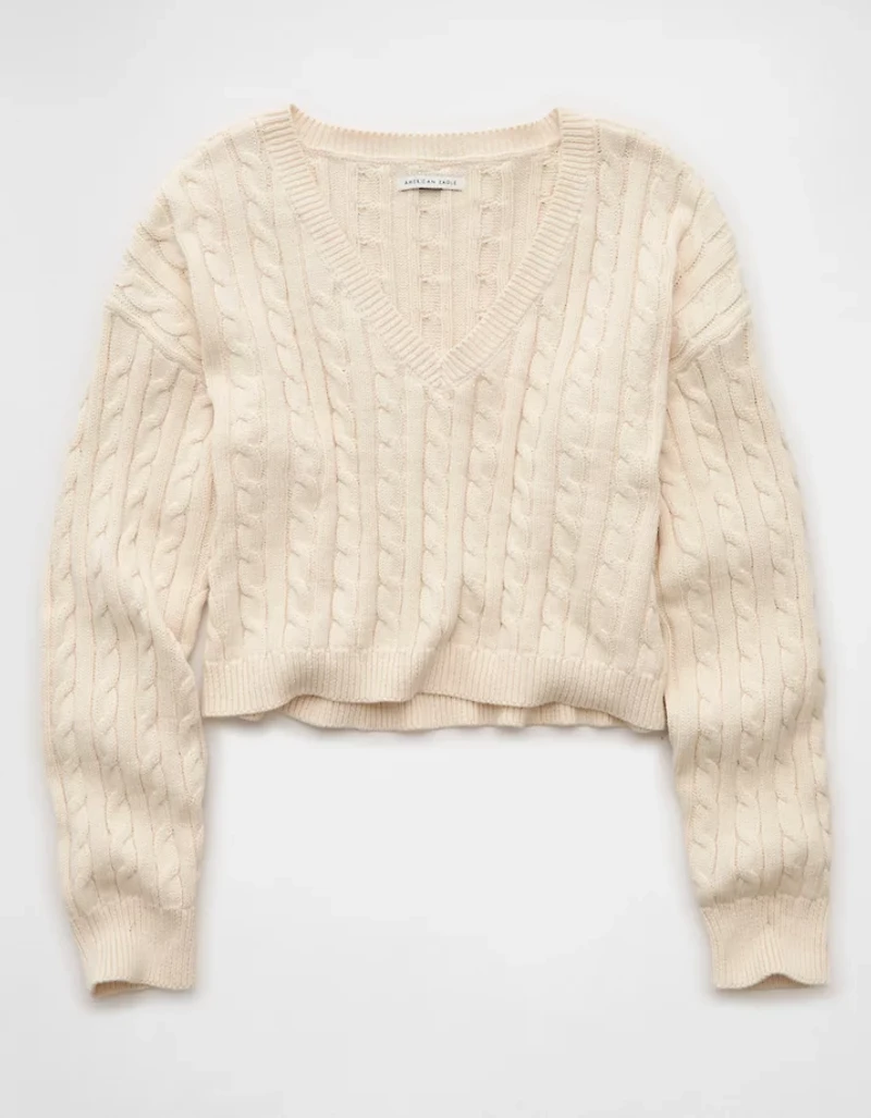AE Cropped Cable Knit V-Neck Sweater