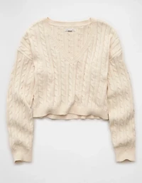 AE Cropped Cable Knit V-Neck Sweater