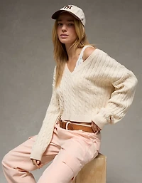 AE Cropped Cable Knit V-Neck Sweater