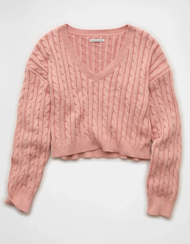 Chandail court à encolure en V tricot torsades AE