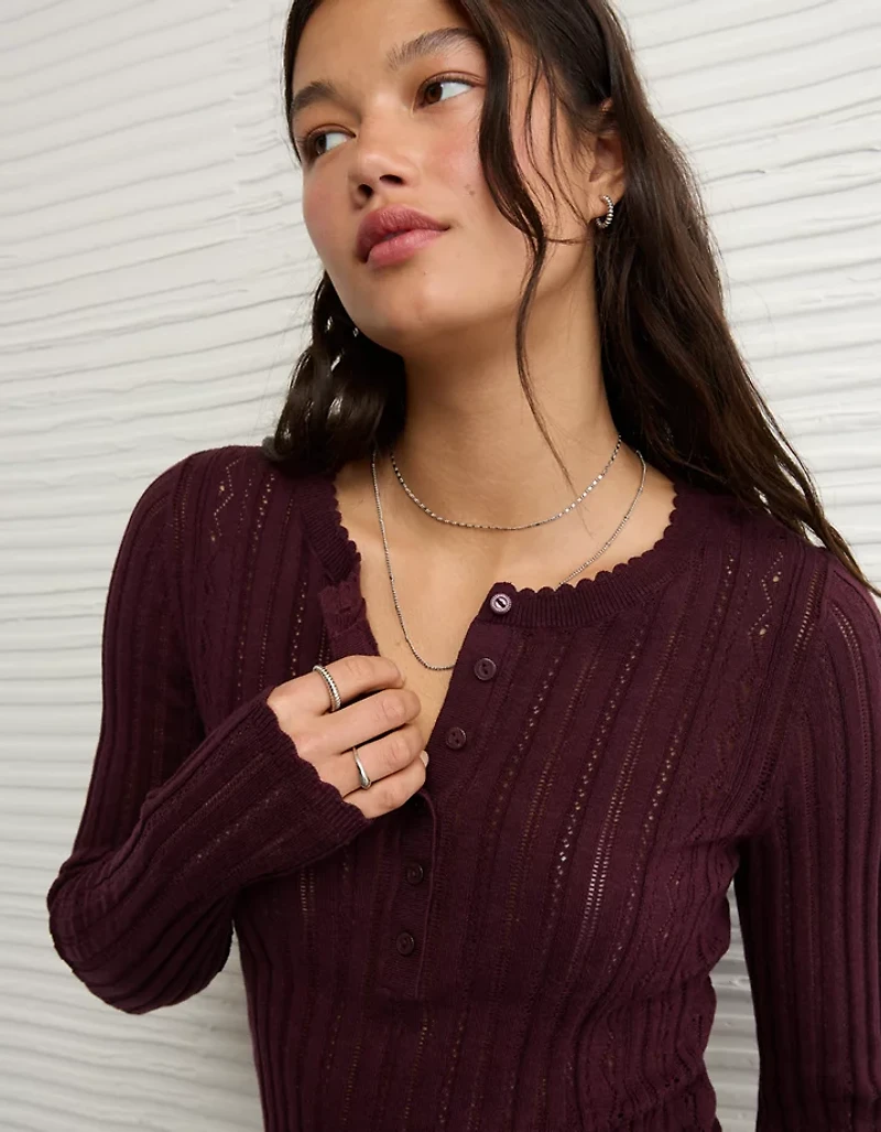 AE Pointelle Henley Sweater Top