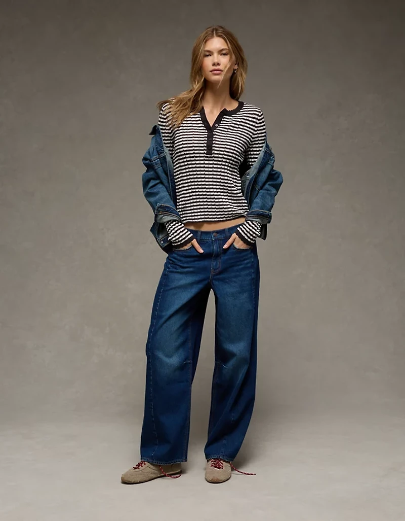 AE Pointelle Henley Sweater Top