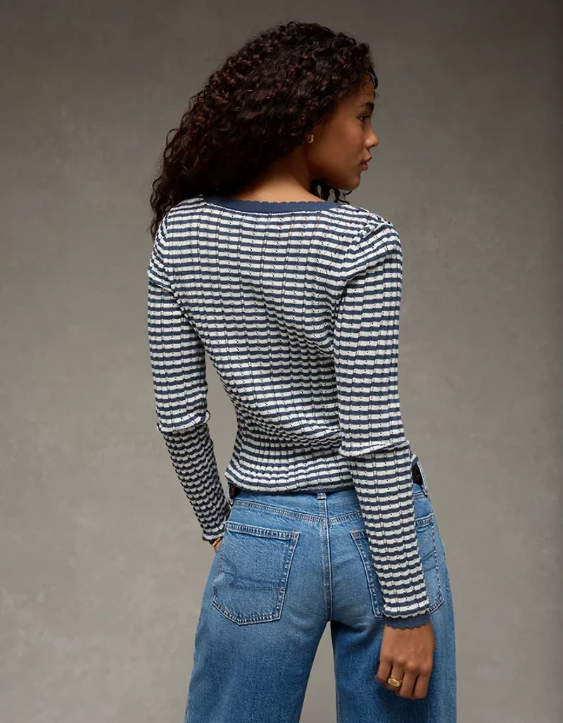 AE Pointelle Henley Sweater Top