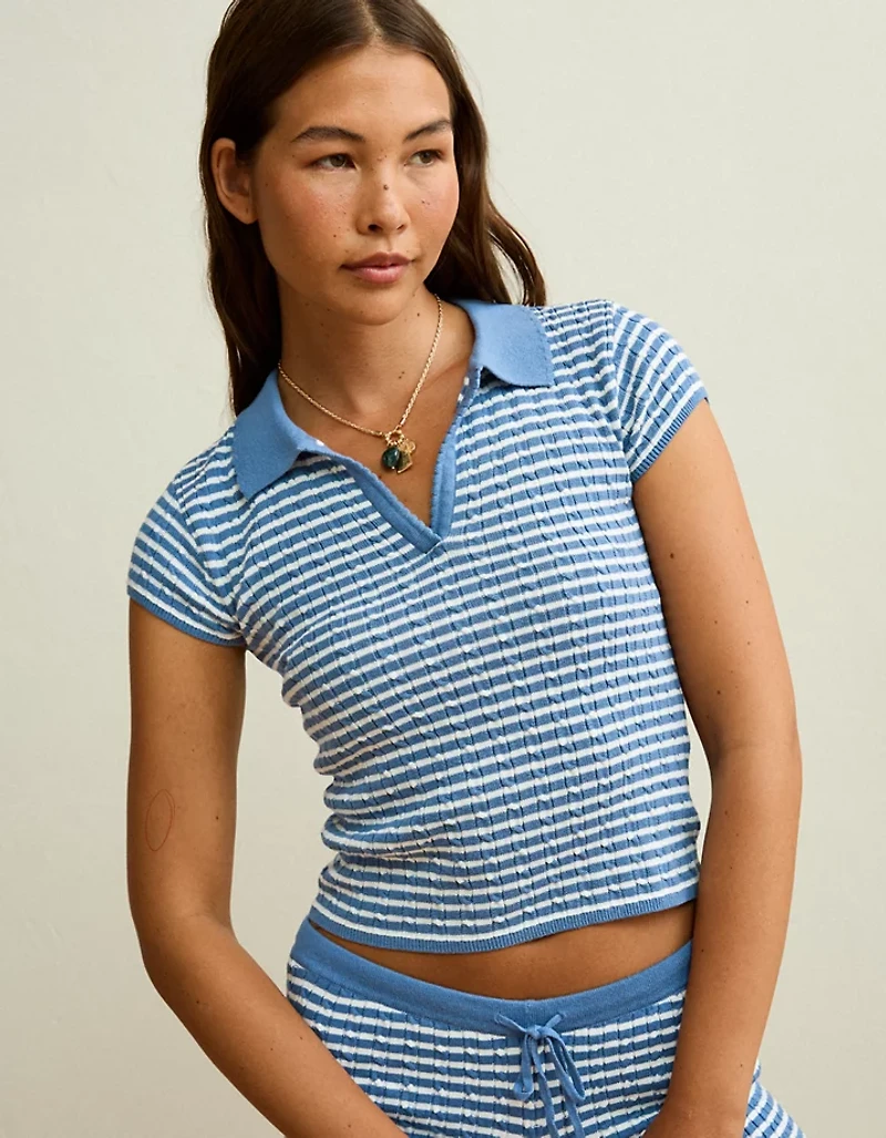 Polo chandail à encolure en V tricot torsadé AE