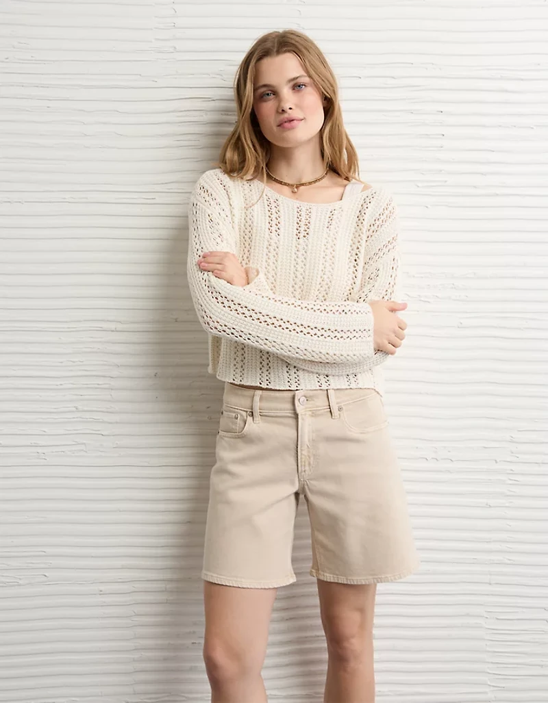 AE Cropped Crochet Boatneck Sweater