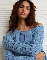 AE Cropped Crochet Boatneck Sweater