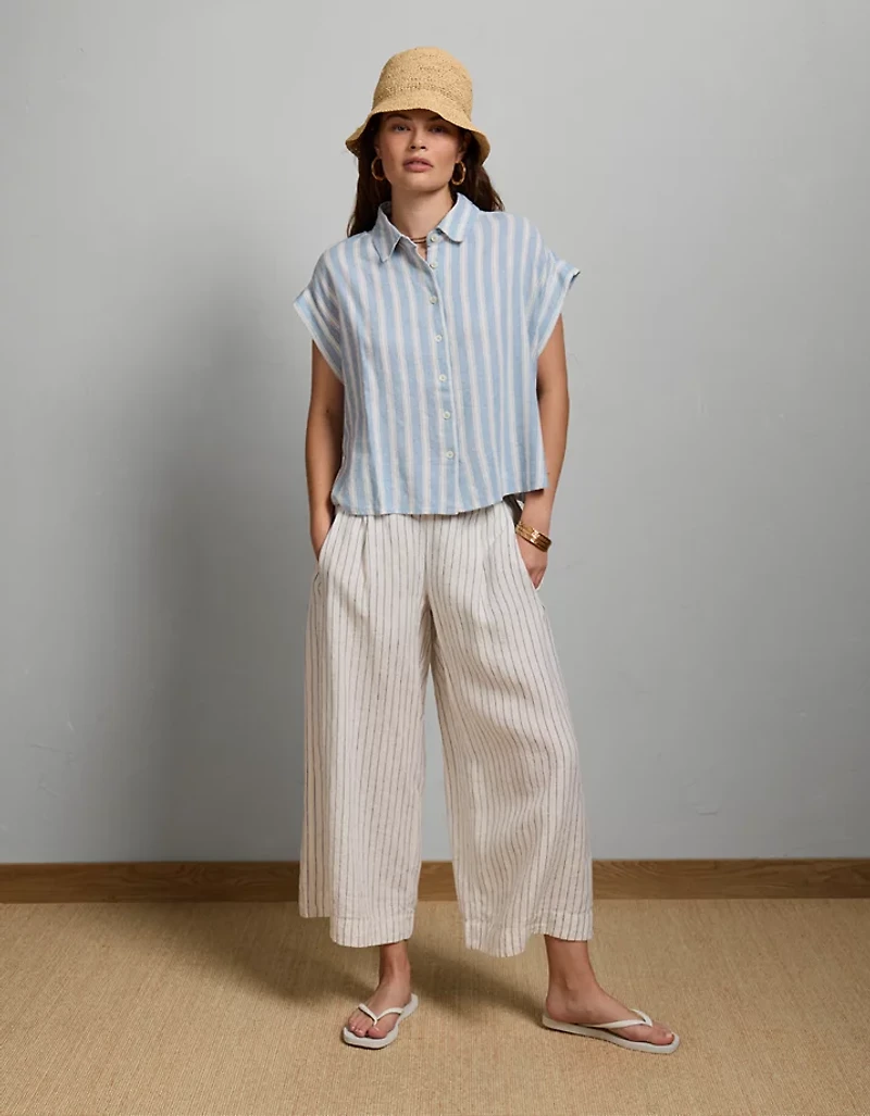 Chemise boutonnée courte et droite en mélange de lin AE77