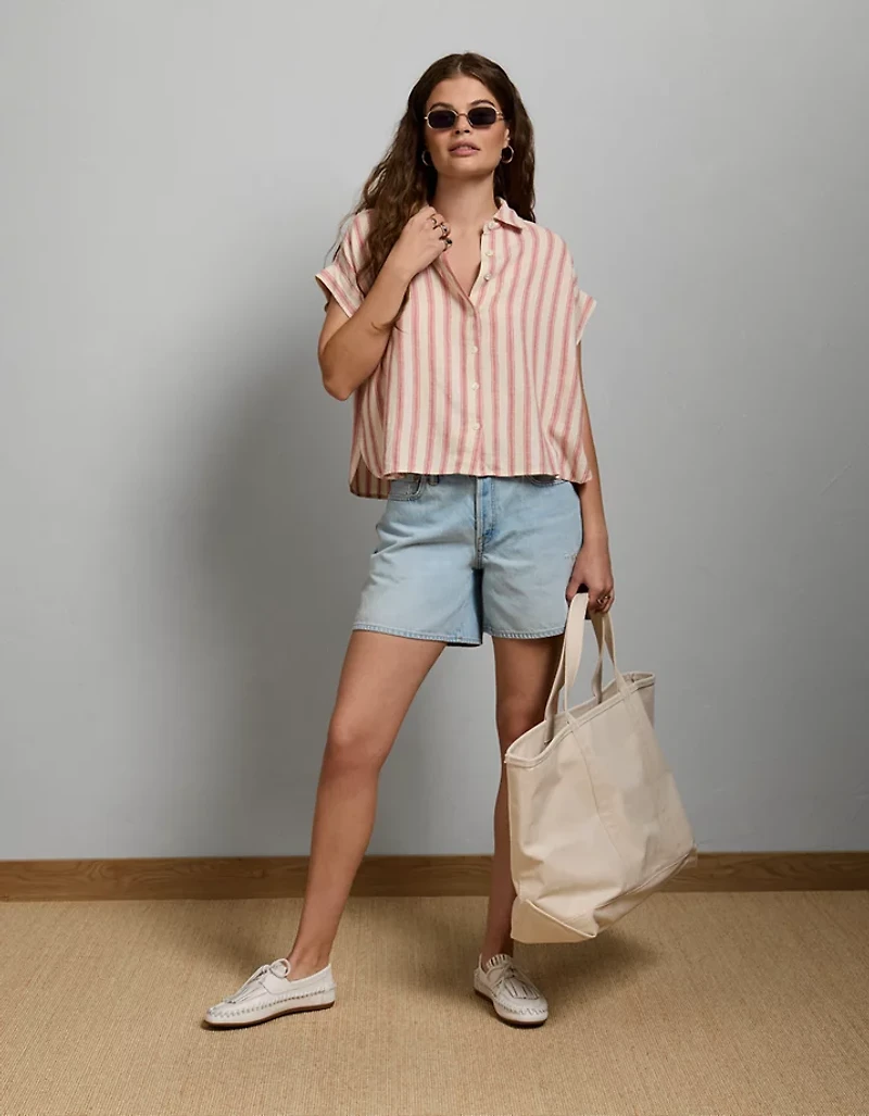 AE77 Boxy Linen-Blend Button-Up Shirt