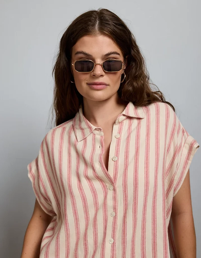 AE77 Boxy Linen-Blend Button-Up Shirt