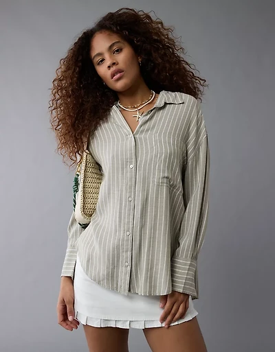 AE Long-Sleeve Tie Back Button-Up Shirt