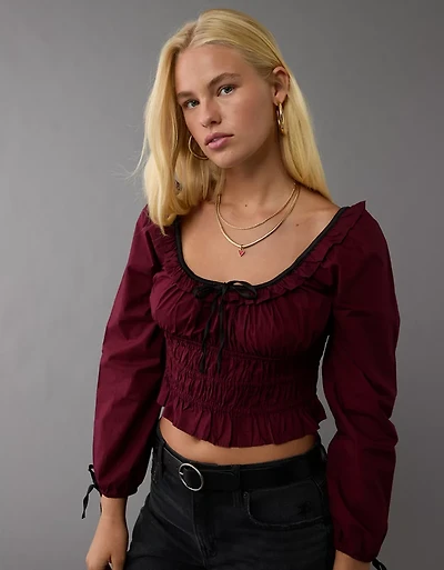 Blouse en popeline froncée à manches longues AE