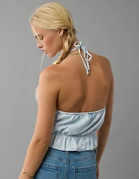 Haut bain-de-soleil à volants encolure haute en denim AE