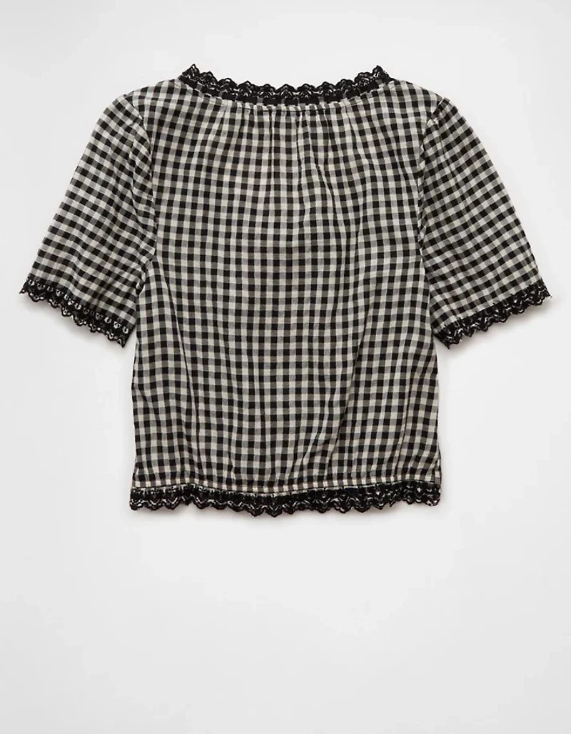 AE Short-Sleeve Gingham Button-Up Blouse