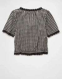 AE Short-Sleeve Gingham Button-Up Blouse