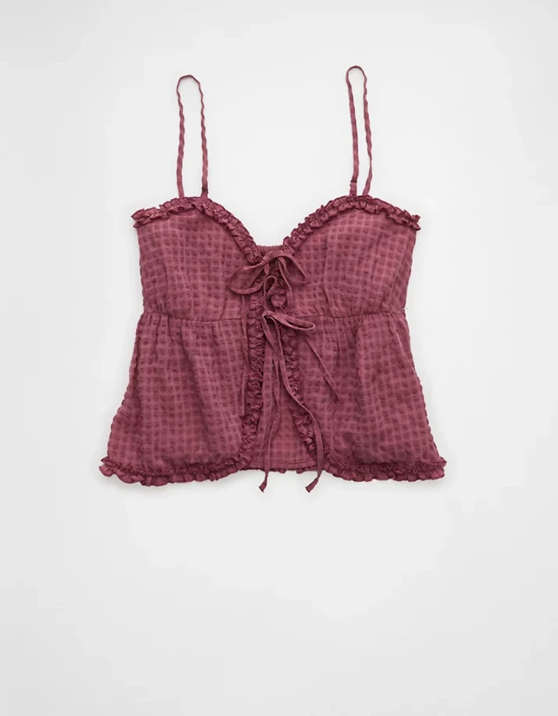 AE Tie Front Ruffle Trim Tank Top