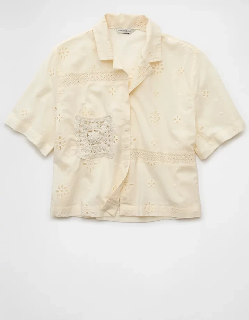 AE Short-Sleeve Embroidered Button-Up Shirt