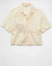 AE Short-Sleeve Embroidered Button-Up Shirt