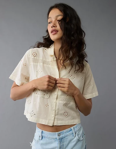 AE Short-Sleeve Embroidered Button-Up Shirt