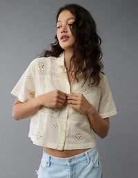 AE Short-Sleeve Embroidered Button-Up Shirt