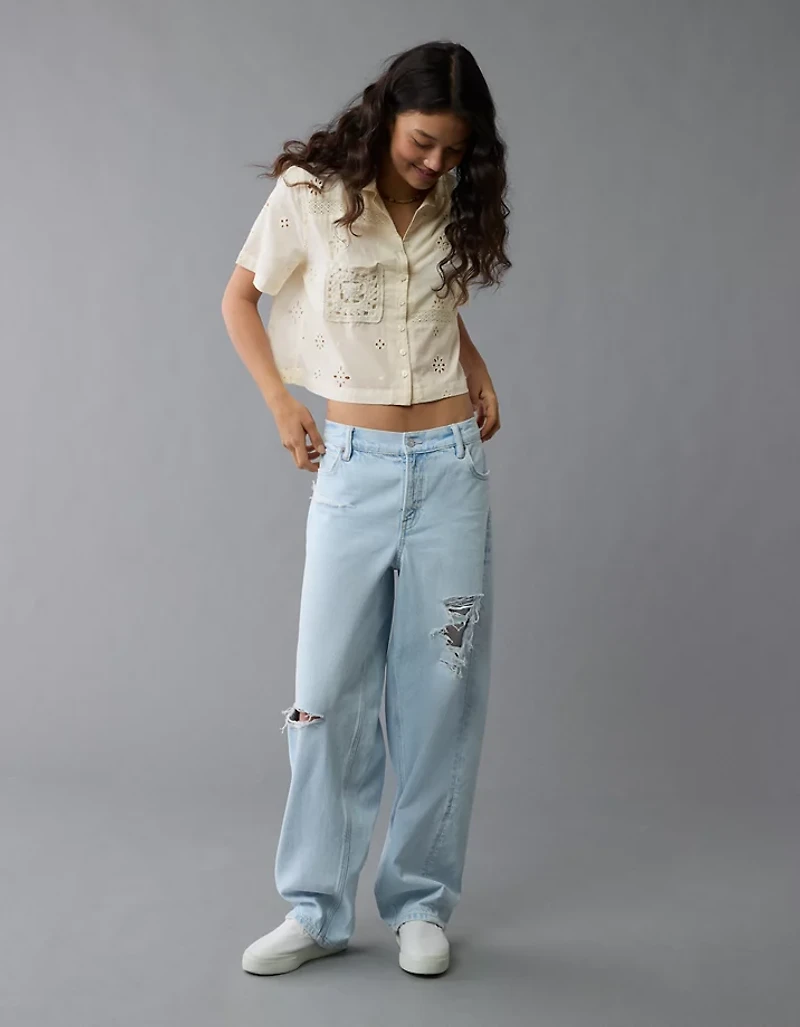 AE Short-Sleeve Embroidered Button-Up Shirt