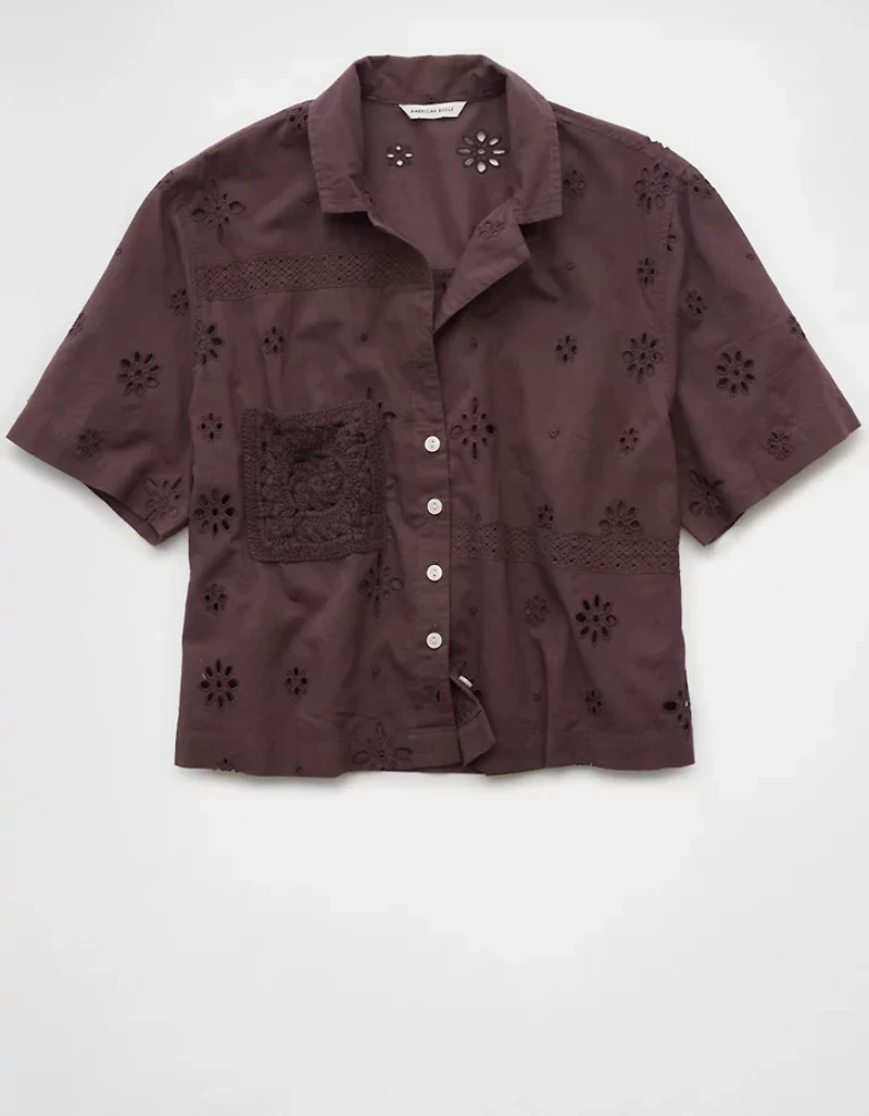 AE Short-Sleeve Embroidered Button-Up Shirt