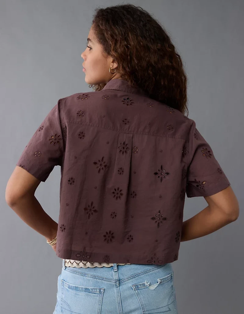 AE Short-Sleeve Embroidered Button-Up Shirt
