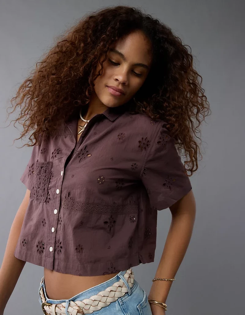 AE Short-Sleeve Embroidered Button-Up Shirt