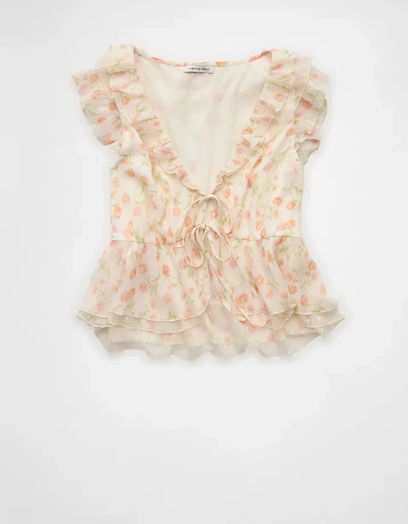 AE Flutter Sleeve Tie-Front Blouse