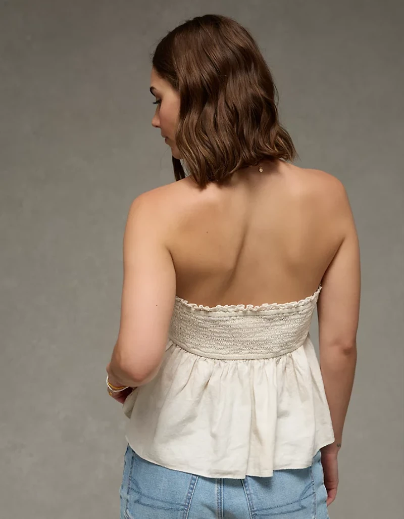 AE Embroidered Strapless Babydoll Linen-Blend Tube Top