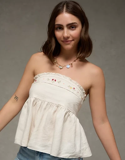 AE Embroidered Strapless Babydoll Linen-Blend Tube Top