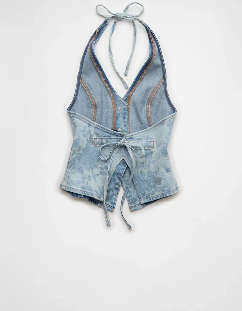 AE Floral Print Denim Tie-Back Vest